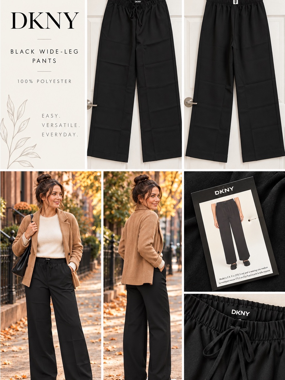 DKNY Black Wide-Leg Drawstring Pants